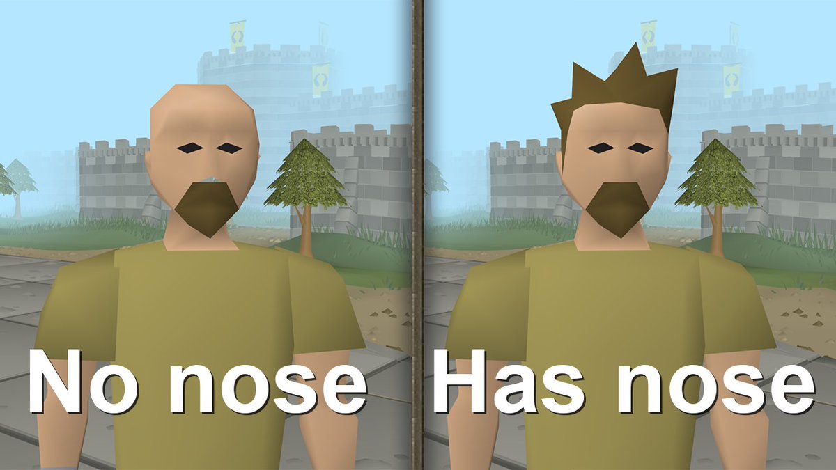 In RuneScape, did you know your haircut determines whether your character has a nose or an empty nasal void?

Not all hairstyles are made equal.