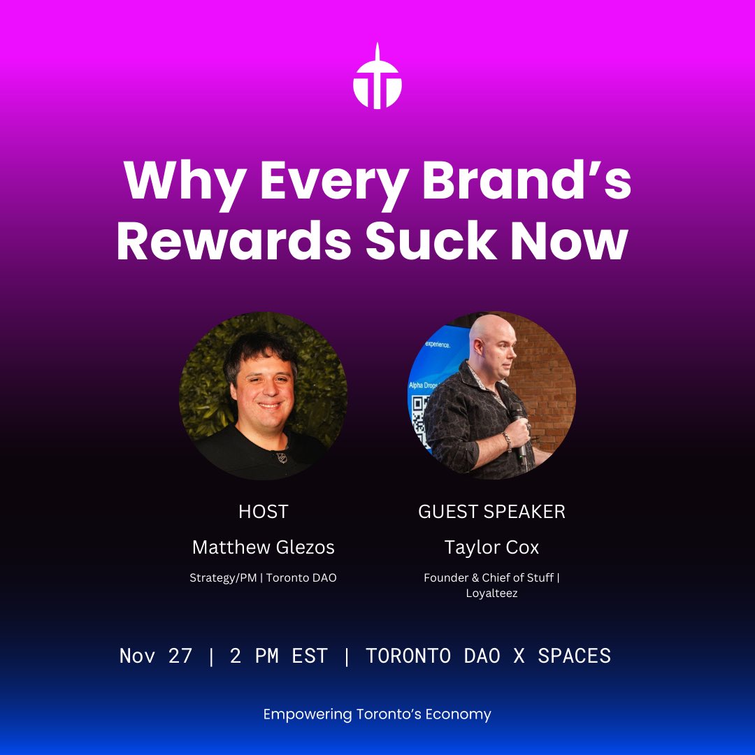 dao_toronto's tweet image. Join us tomorrow for our weekly space with special guest @T4yl0rC , founder of @loyalteez_app as we shit ok all the current rewards programs (looking at you Metro)
