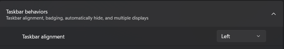 tamayaimpact's tweet image. di start menunya klik kanan &amp;gt; taskbar settings &amp;gt; cari taskbar behavior, ada drop down pilihan alignment kayak gini