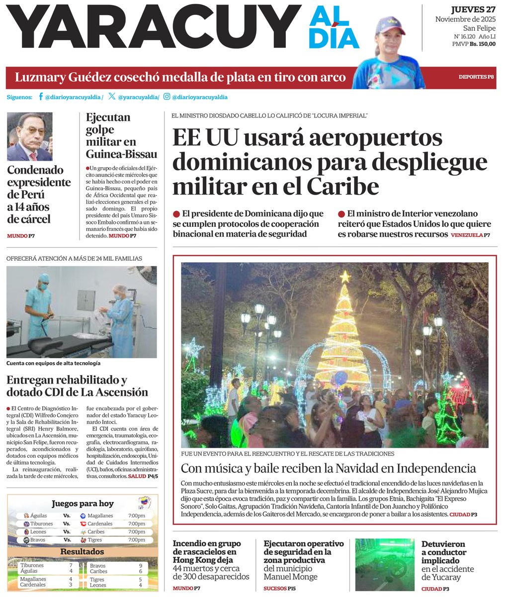 DarvinsonRojas's tweet image. #27Nov | Primera página del diario Yaracuy al Día.