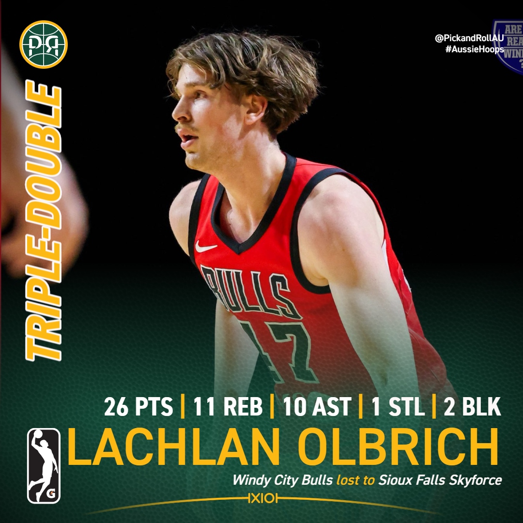 PickandRollAU's tweet image. Rookie Lachlan Olbrich lust delivered a MASSIVE triple-double for the Windy City Bulls in their 122-129 loss to the Sioux Falls Skyforce in the NBA G League.
Why is he not yet playing NBA minutes?
#AussieHoops #NBA