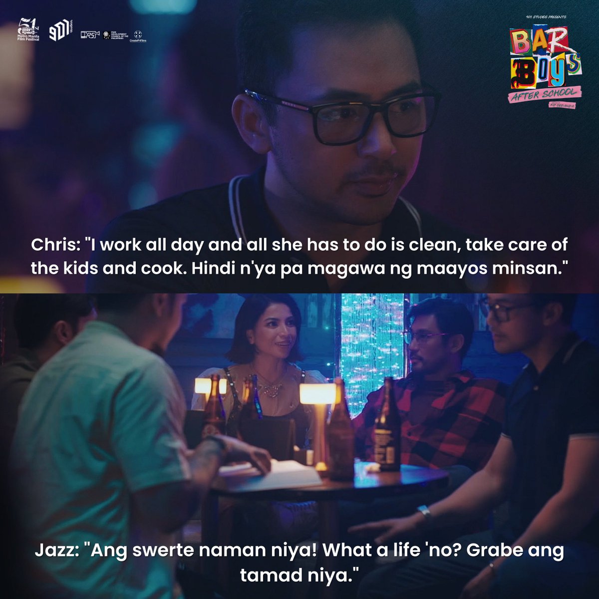 BarBoysMovie's tweet image. Chris (Enzo Pineda): &quot;I work all day and all she has to do is clean, take care of the kids and cook. Hindi n&apos;ya pa magawa ng maayos minsan.&quot;

Jazz (Glaiza de Castro): &quot;Ang swerte naman niya! What a life &apos;no? Grabe ang tamad niya.&quot;

Catch them in Bar Boys: After School - December…