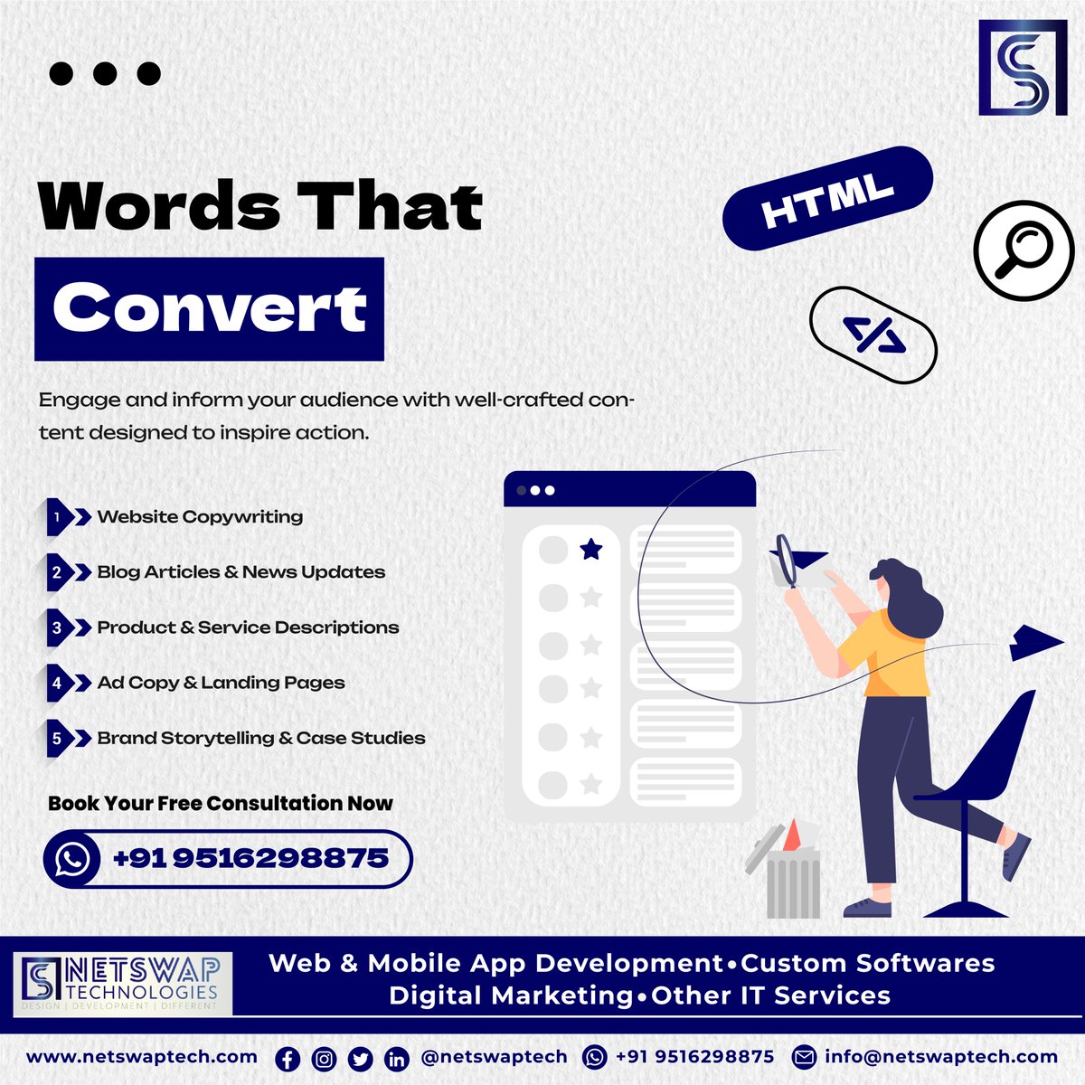 netswaptech's tweet image. Words that convert.  
Get high-impact content that engages, informs &amp;amp; drives action. DM to get started.  
#ContentWriting #Copywriting #BrandStorytelling #NetSwapTechnologies
