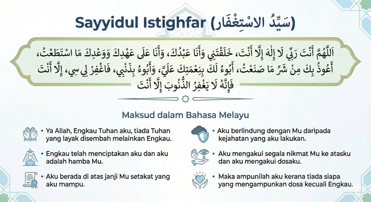 Rasulullah SAW bersabda:

“Sesiapa yang membaca Sayyidul Istighfar pada waktu siang dengan penuh yakin, kemudian dia mati pada hari itu sebelum petang, dia akan masuk syurga. Dan sesiapa yang membacanya pada waktu malam dengan penuh yakin, kemudian dia mati sebelum pagi, dia akan