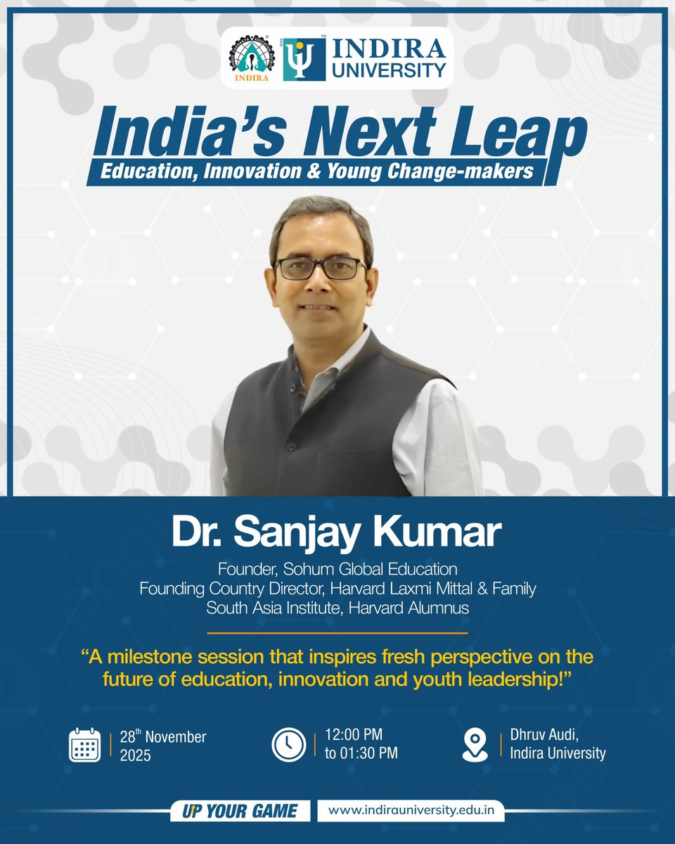 Sanjayhks's tweet photo. Excited to speak at Indira University, Pune tomorrow on “India’s Next Leap: Education, Innovation &amp; Young Change-makers.”
Looking forward to engaging with bright young minds and discussing how India’s next decade will be shaped by their ideas and leadership. https://t.co/xGltTYerXT