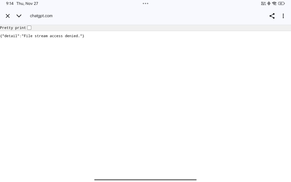 Sanju_x24's tweet image. Facing repeated ‘File stream access denied’ error when downloading PDF on @ChatGPTapp. Please fix this issue soon. @OpenAI,@sama Support needed.
#Error 
#chatgptgo 
#openai
