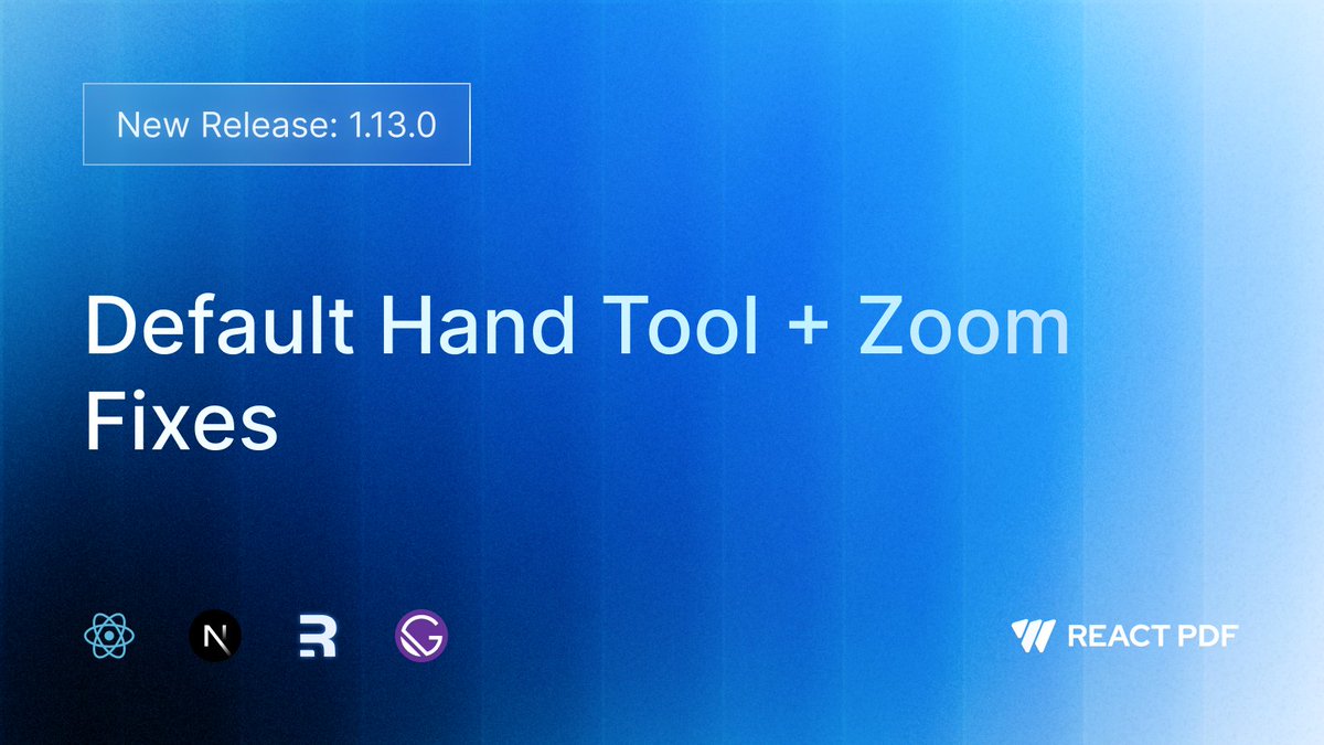 ReactPdf's tweet image. 🖐️ React PDF v1.13.0 is out!

You can now set the hand tool as the default with the new initialSelectionMode prop. Plus, we’ve fixed a bug with the ZoomOutTool for smoother interactions.

👉 See what’s new: docs.react-pdf.dev/introduction/c…

#react #reactpdf #nextjs