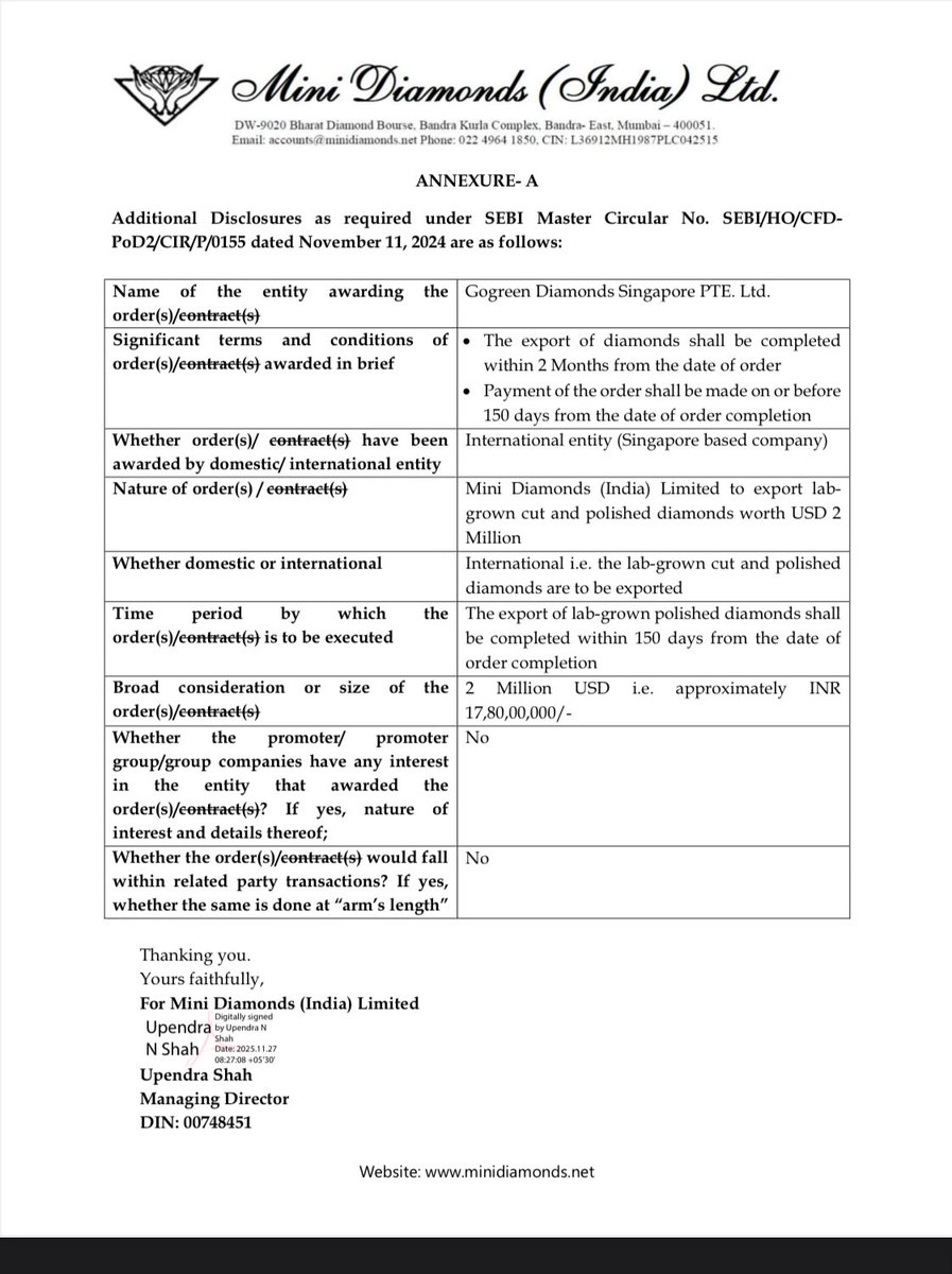 Vivek_Ruparel's tweet image. #ORDER #MINID

Receipt of Export Order for Lab Grown Cut and Polished Diamonds amounting to USD 2 Million

bseindia.com/xml-data/corpf…