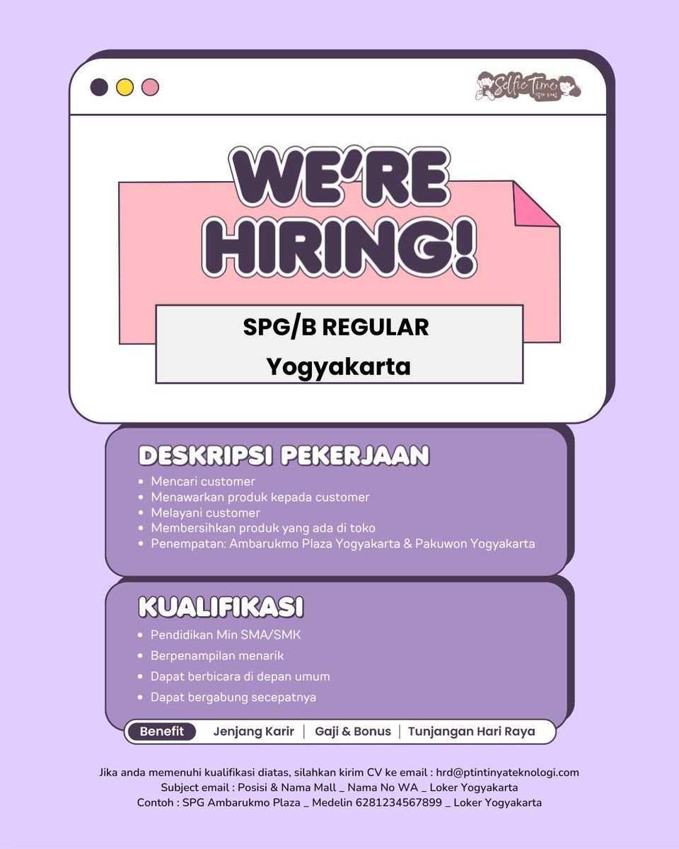jogja_lowker's tweet image. Inti Nya Group growing and we want YOU to be a part of our team! 🌱✨

APPLY NOW!
📩 : hrd@ptintinyateknologi.com
📝 : Subject &quot; Posisi &amp;amp; Nama Mall_ nama No WA_loker yogyakarta&quot; 
Contoh : SPG/B Pakuwon Yogyakarta_ Medelin 6281234567890_loker yogyakarta

#hiring #openrecruitment