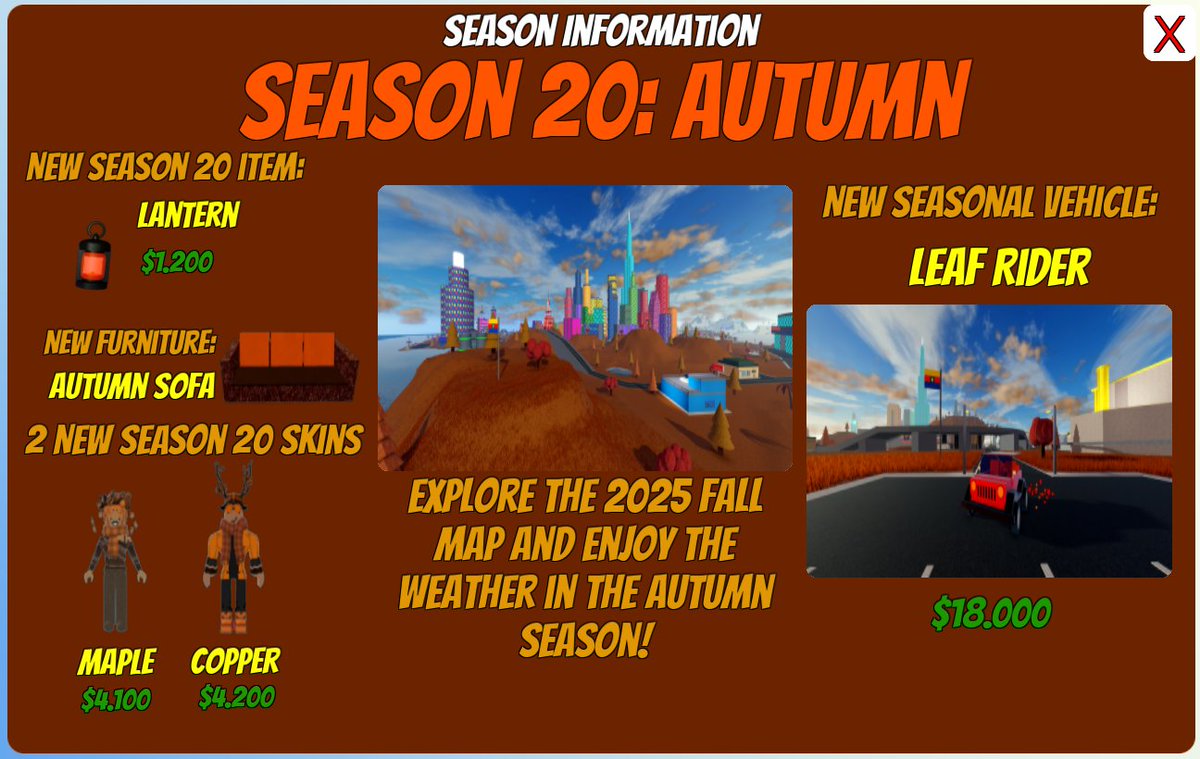 MegaFunObbys's tweet image. ⚠️LAST CHANCE!
These things will end on December 2nd!
-🍂Season 20: Autumn will end!
-🚙The Leaf Rider will be retired!
-🫡The Season 20 Skins will be retired!
Update news begin tomorrow!