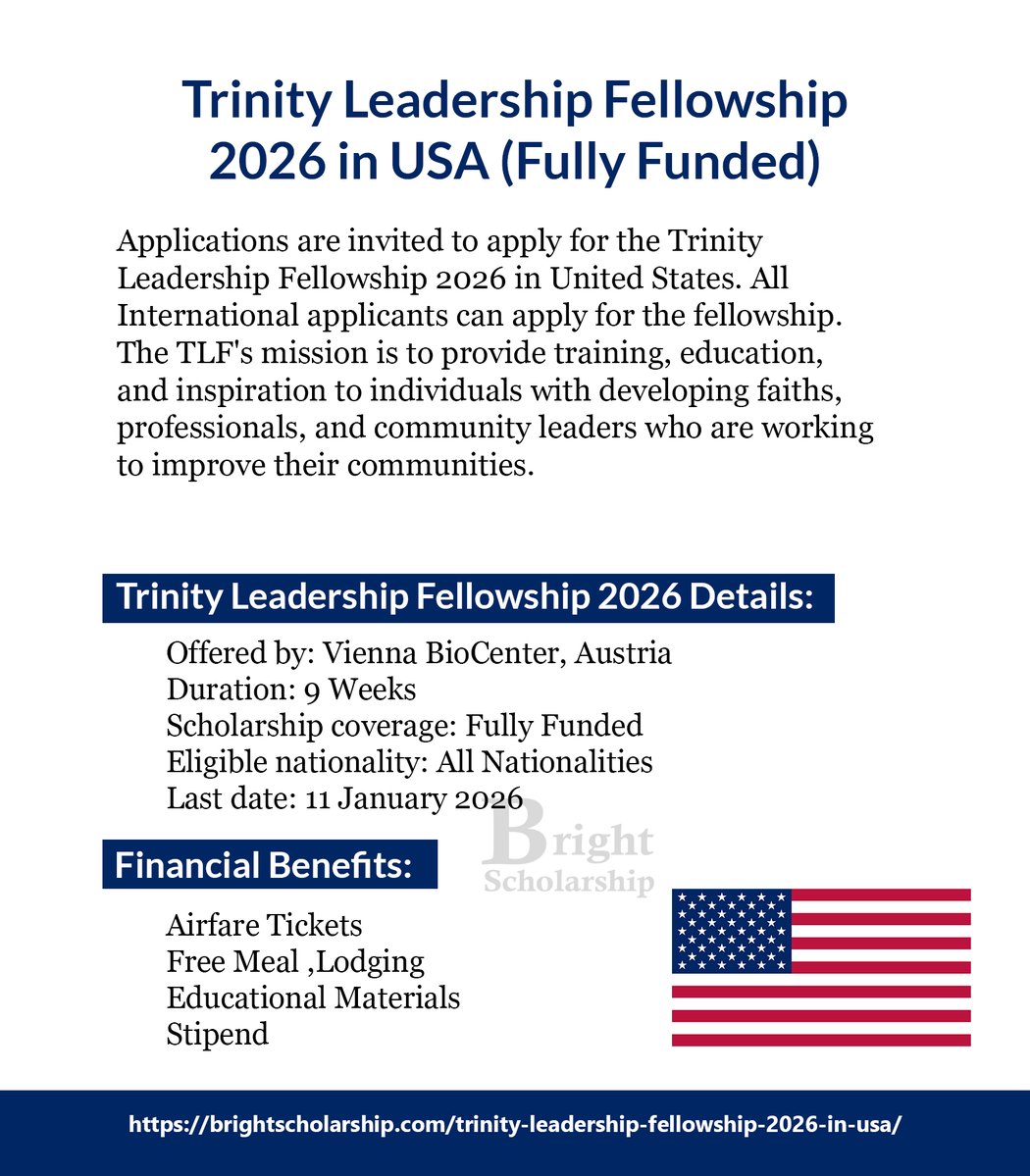 BrightSship's tweet image. Trinity Leadership Fellowship 2026 in USA (Fully Funded)

Scholarship coverage: Fully Funded
Eligible nationality: All Nationalities
Award country: United States
Last date: 30 January 2026

Apply Link: brightscholarship.com/trinity-leader…

#BrightScholarship #FullyFunded #Fellowship #USA