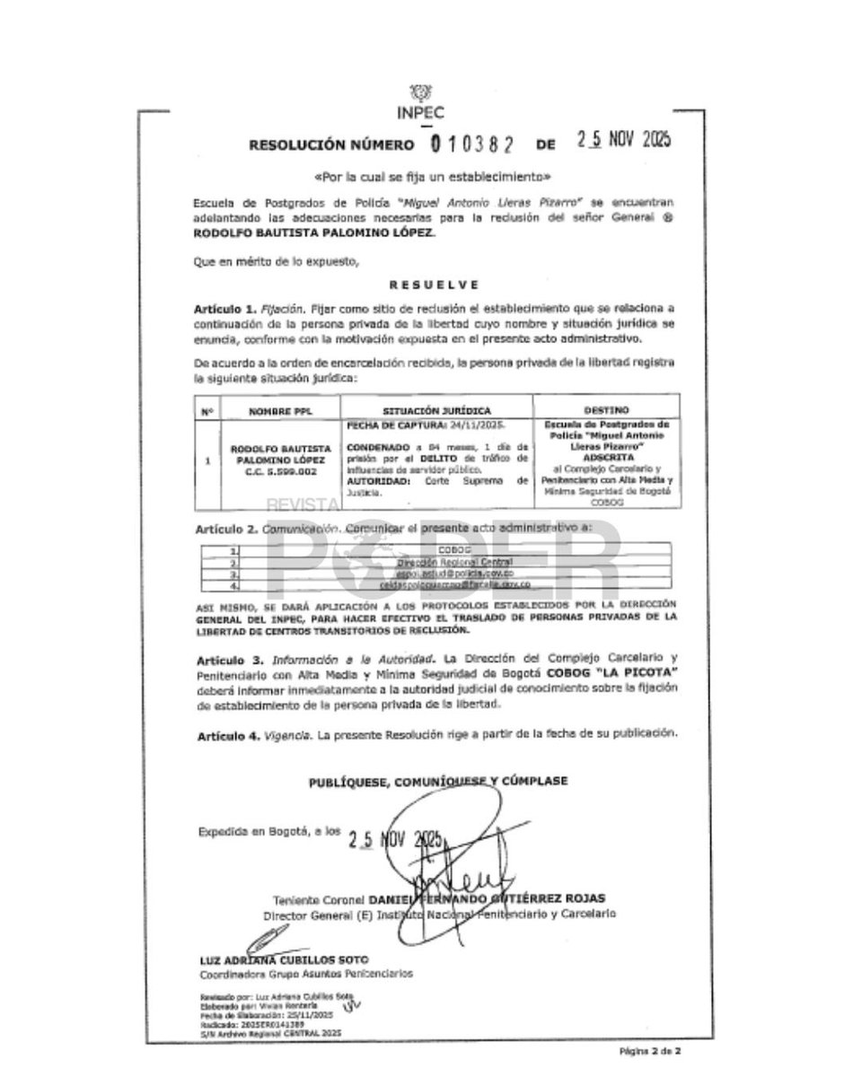 RevistaPODERcol's tweet image. #ATENCIÓN | La boleta de reclusión del general (r) Rodolfo Palomino fue emitida tras su condena a siete años por tráfico de influencias. Cumplirá la pena en la Escuela de Postgrados de la Policía, según determinó la orden de encarcelamiento. #RevistaPoder #NoticiasPoder #Judicial