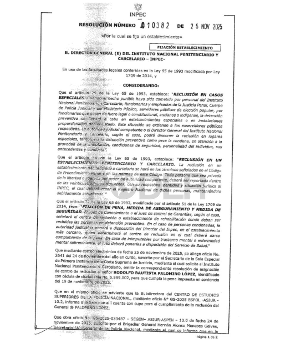 RevistaPODERcol's tweet image. #ATENCIÓN | La boleta de reclusión del general (r) Rodolfo Palomino fue emitida tras su condena a siete años por tráfico de influencias. Cumplirá la pena en la Escuela de Postgrados de la Policía, según determinó la orden de encarcelamiento. #RevistaPoder #NoticiasPoder #Judicial