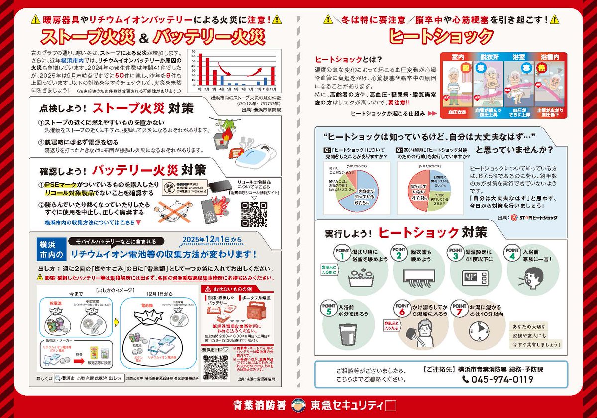 【冬の危険、見逃してない？】
／
#青葉消防署 × #東急セキュリティ 共創第三弾！
＼
今回はストーブ火災、バッテリー火災、ヒートショックの予防チェックリストを作成！
今日からできる対策で、安心して冬を乗り切ろう！
↓詳しくはこちらから↓
city.yokohama.lg.jp/bousai-kyukyu-…

#横浜市消防局