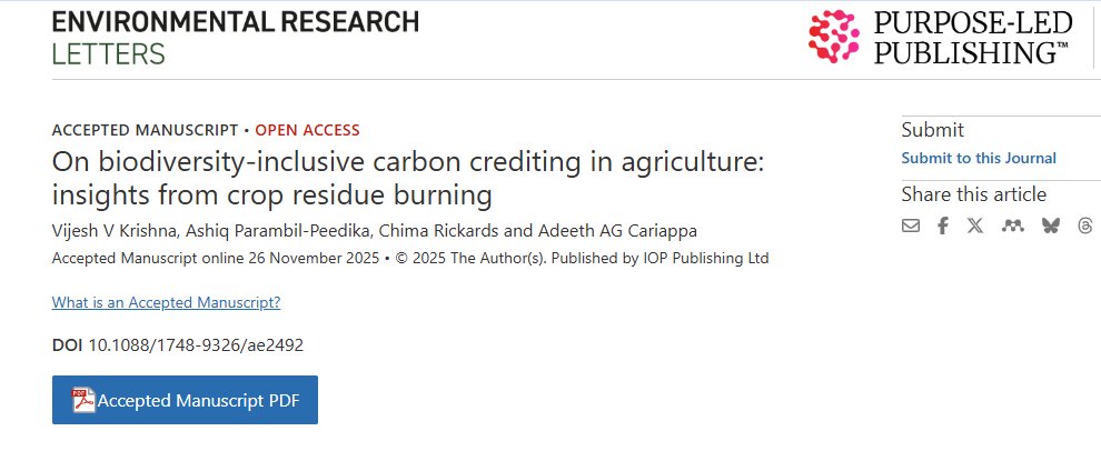 Excited to share our perspective "On biodiversity-inclusive carbon crediting in agriculture: insights from crop residue burning" accepted for publication in Environmental Research Letters doi.org/10.1088/1748-9… via <a href="/IOPenvironment/">IOP Environment</a> <a href="/VijeshKrishna10/">Vijesh Krishna</a> <a href="/CIMMYT/">CIMMYT</a>