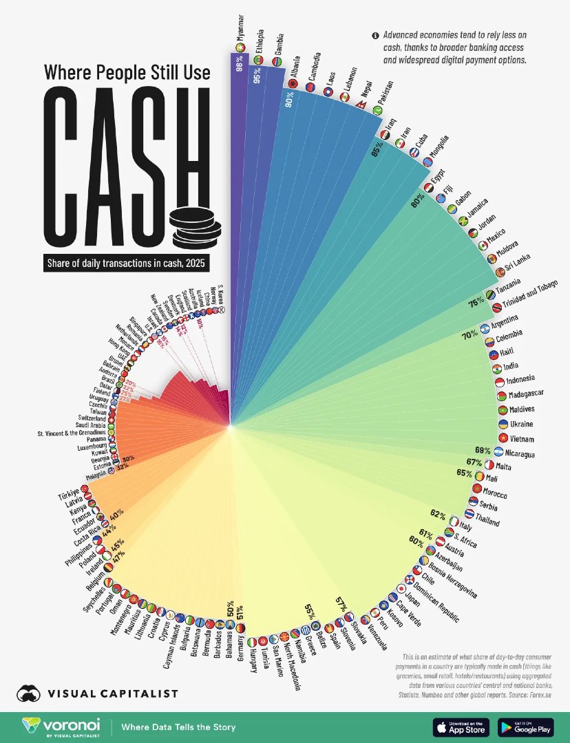 VisualCap's tweet image. Ranked: Countries That Use the Most Cash in 2025 🪙

voronoiapp.com/economy/Who-St…