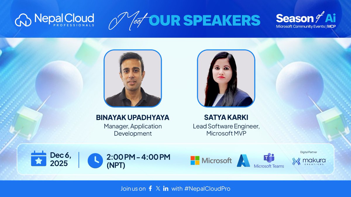 🌟 Season of AI – MCP is here! 🚀 Learn how Model Context Protocol (MCP) connects AI models with apps &amp; build your first MCP server!
📅 Dec 6 | 🕑 2–4 PM NPT | 📍 MS Teams 🎤 Speakers: Binayak Upadhyaya &amp; Satya Karki
👉 Details: meetup.com/nepalcloudpro/…
#MCP #NepalCloudPro #AI
