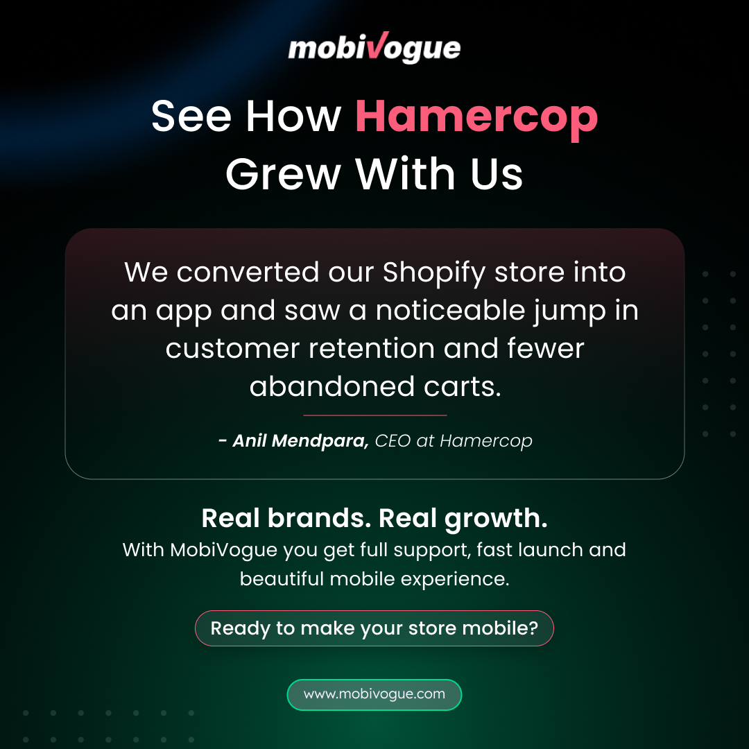 mobivogue's tweet image. See how Hamercop grew with us! 

By turning their Shopify store into a mobile app, they boosted customer retention and reduced abandoned carts. Real results. Real growth. 

Ready to level up your store @mobivogue 

#EcommerceGrowth #ShopifyApps #MobiVogue