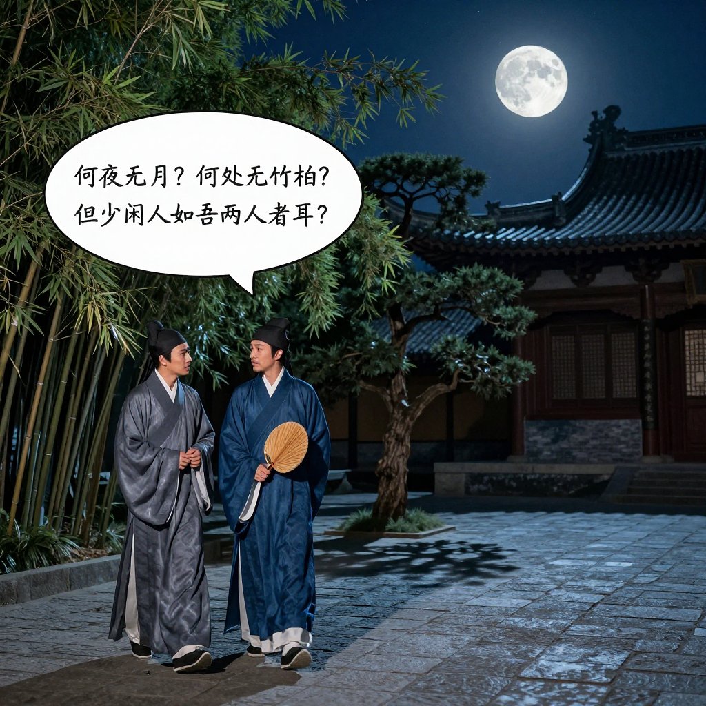 3.語義與文化理解
Z-Image 展現出深厚的語意理解與文化建模能力。
不只是“畫畫”,它“懂文化、懂世界”。
它知道地標、人物、節慶、詩詞等概念。
例如:
能正確生成「蘇遼夜遊承天寺」的場景;
視覺化古詩內容,依詩句畫意境圖;