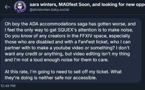 JoCat105's tweet image. A disabled friend going to FanFest is concerned about the lack of consideration for disabilities and may end up selling their ticket. If anyone can pass along to SE or someone in fanfest, would be appreciated. would be sad if someone couldn't enjoy the event because of obstacles.