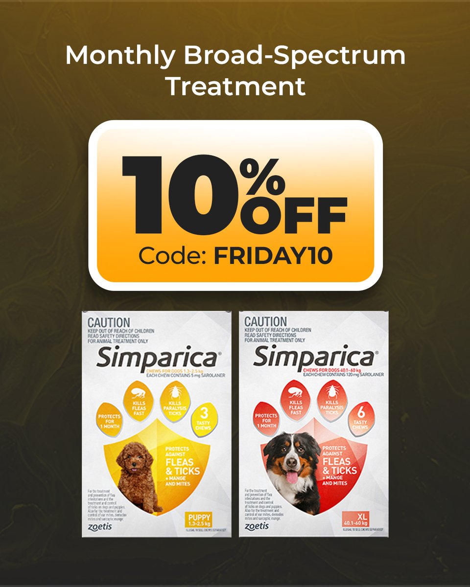 DiscPetCareAU's tweet image. Keep pets protected all month long! 🐾

Get 10% OFF Simparica using ➡️ FRIDAY10

Fast flea &amp;amp; tick protection ✔️

Grab Your Discount: bit.ly/4irDwVx

#Simparica #PetCare #FleaProtection #TickProtection #PetDeals #DogHealth