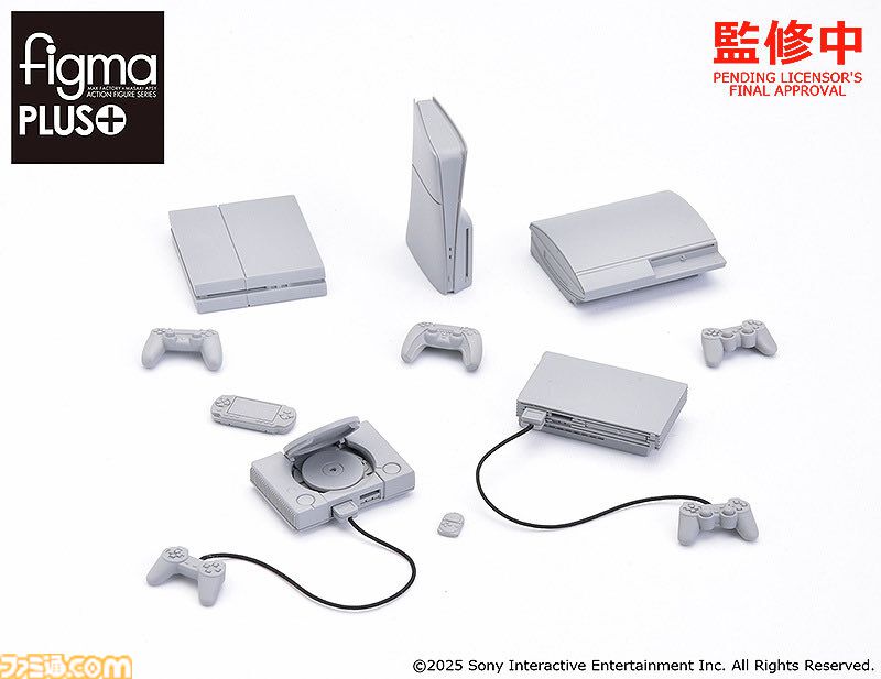 famitsu's tweet image. 『プレイステーション』歴代ハードのミニチュア“PlayStation for figmaPLUS”が制作進行中
famitsu.com/article/202511…

初代から最新機“5”の初期モデルに加え、PSP、ポケステに至るまでさまざまな名機がミニチュア化。フィギュアにコントローラーを持たせてゲームを遊ぶ様子を撮影するのにピッタリ。