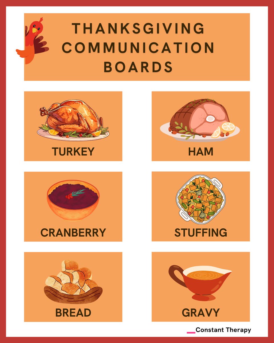 ConstantTherapy's tweet image. New #CommunicationBoards coming your way! This batch is #Thanksgiving-themed, of course!🦃 

Check out this complete guide to hosting an #aphasia-friendly holiday: constanttherapyhealth.com/brainwire/apha…