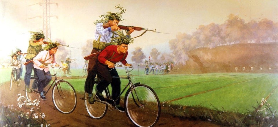 propagandopolis's tweet image. Chinese poster (1974) showing militia members training to fire from bicycles.
