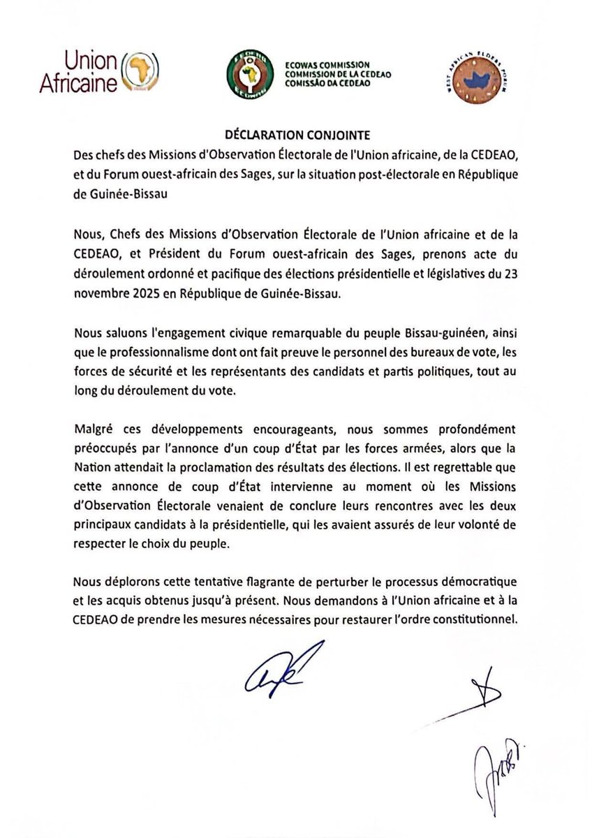 AhmadouAtafa's tweet image. 1/2 Guinée-Bissau : Les missions d’observation de l’UA, de la CEDEAO et du Forum ouest-africain des Sages dénoncent l’annonce d’un coup d’État survenu après les élections du 23 novembre. #Bissau #AU #CEDEAO
