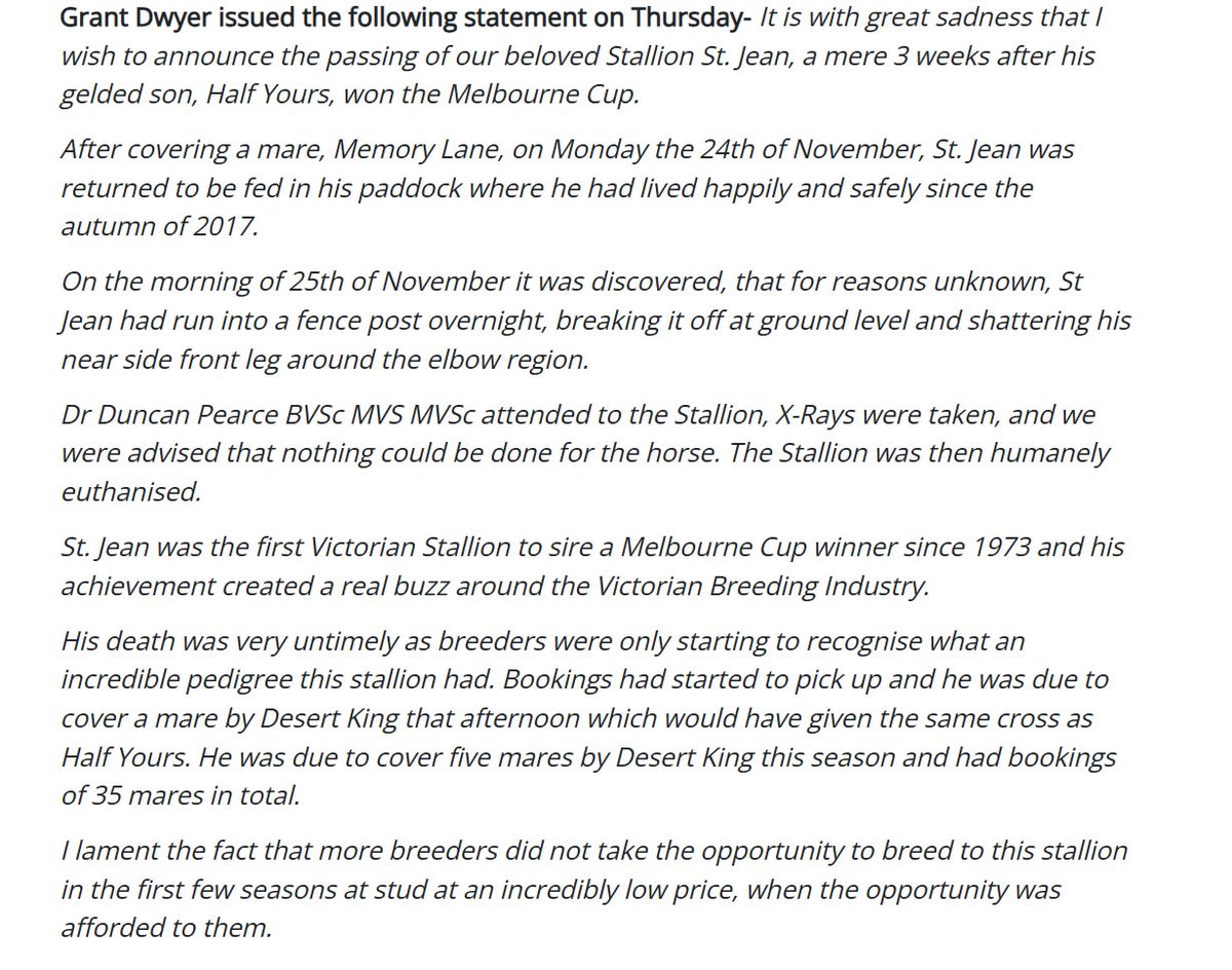 Tragic Death of St Jean- This year’s Melbourne Cup provided the ultimate fairytale result when Australian bred stayer Half Yours claimed a memorable victory, but there has been a tragic twist to this story breednet.com.au/news/43570/tra… <a href="/vicbreeders/">TBV</a> <a href="/Aushorse_TBA/">Aushorse</a> <a href="/mcevoymitchell/">McEvoy Mitchell Racing</a>