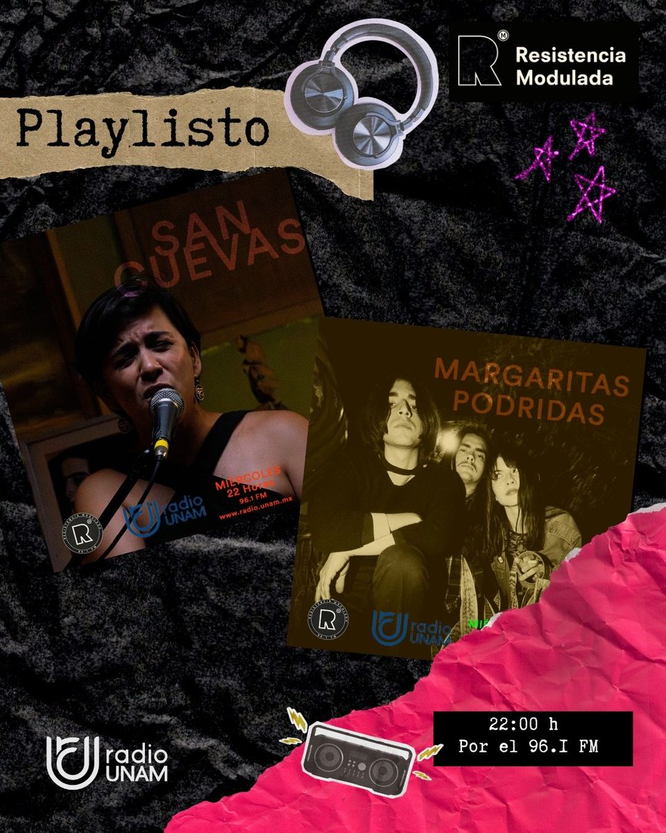 Hoy en #Playlisto🪩<a href="/rotten_daisies/">𝓜𝓪𝓻𝓰𝓪𝓻𝓲𝓽𝓪𝓼 𝓟𖦹𝓭𝓻𝓲𝓭𝓪𝓼</a> regresan con "Torreta" un sencillo que integra toda su intensidad 🔥Además #SanCuevas, nos presenta IMPERFECTA, su nuevo proyecto de solista. Sigue la charla con <a href="/MonicaSorroza/">Mónica Sorroza</a> y <a href="/El_Voice/">El Voice</a>, en punto de las 22 horas por el 96.1 FM de <a href="/RadioUNAM/">Radio UNAM</a>📻