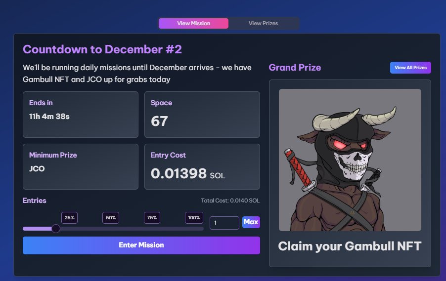 We have a week of daily global missions going live in the lead up to December.  

Grand prize today is the chance to win a Gambull NFT - Only $2 per ticket and every ticket wins something 🔥

Join us now solsuite.io/global-missions