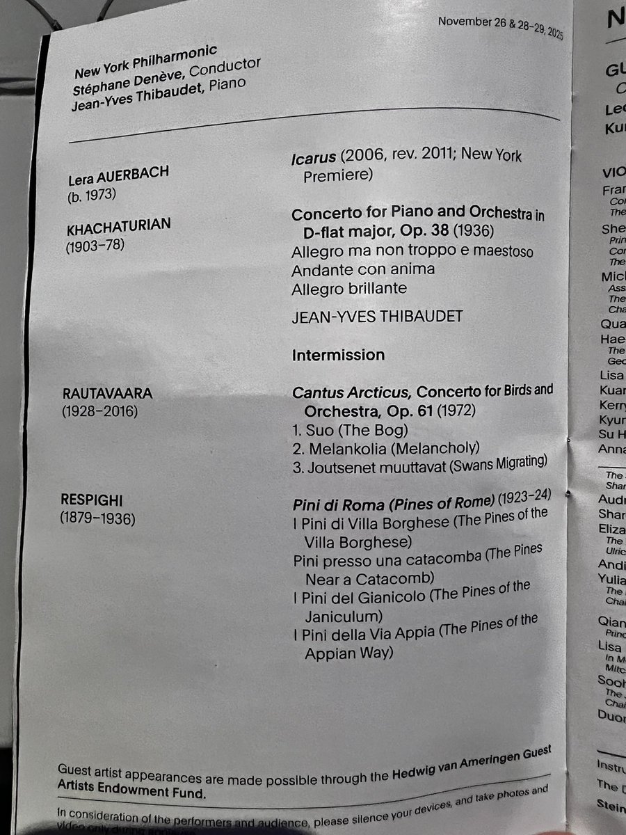 Up tonight, this interesting program of 20th century or later works, all unknown to me except for the last. You can always turn up the volume on the Respighi, and then turn it up some more, especially for I Pini della via Appia. 🥰🥰🥰 <a href="/nyphil/">New York Philharmonic</a>