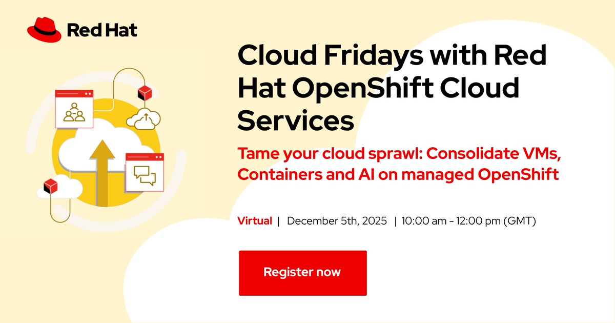 ContainerJrnl's tweet image. Simplify your hybrid cloud. Unify your workloads.

Join Cloud Fridays with Red Hat OpenShift Cloud Services and discover how to consolidate VMs, containers, and AI in one place.

📅 Dec 5 | 10am GMT
🎟️ Register free: redhatcloudfridays.com

#RedHat #CloudFridays #OpenShift