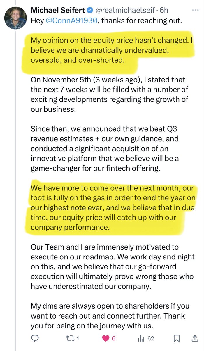 ACInvestorBlog's tweet image. CEO of $PSQH “My opinion on the equity price hasn&apos;t changed. I believe we are dramatically undervalued, oversold, and over-shorted. “

“We have more to come over the next month, our foot is fully on the gas in order to end the year on our highest note ever, and we believe that in…