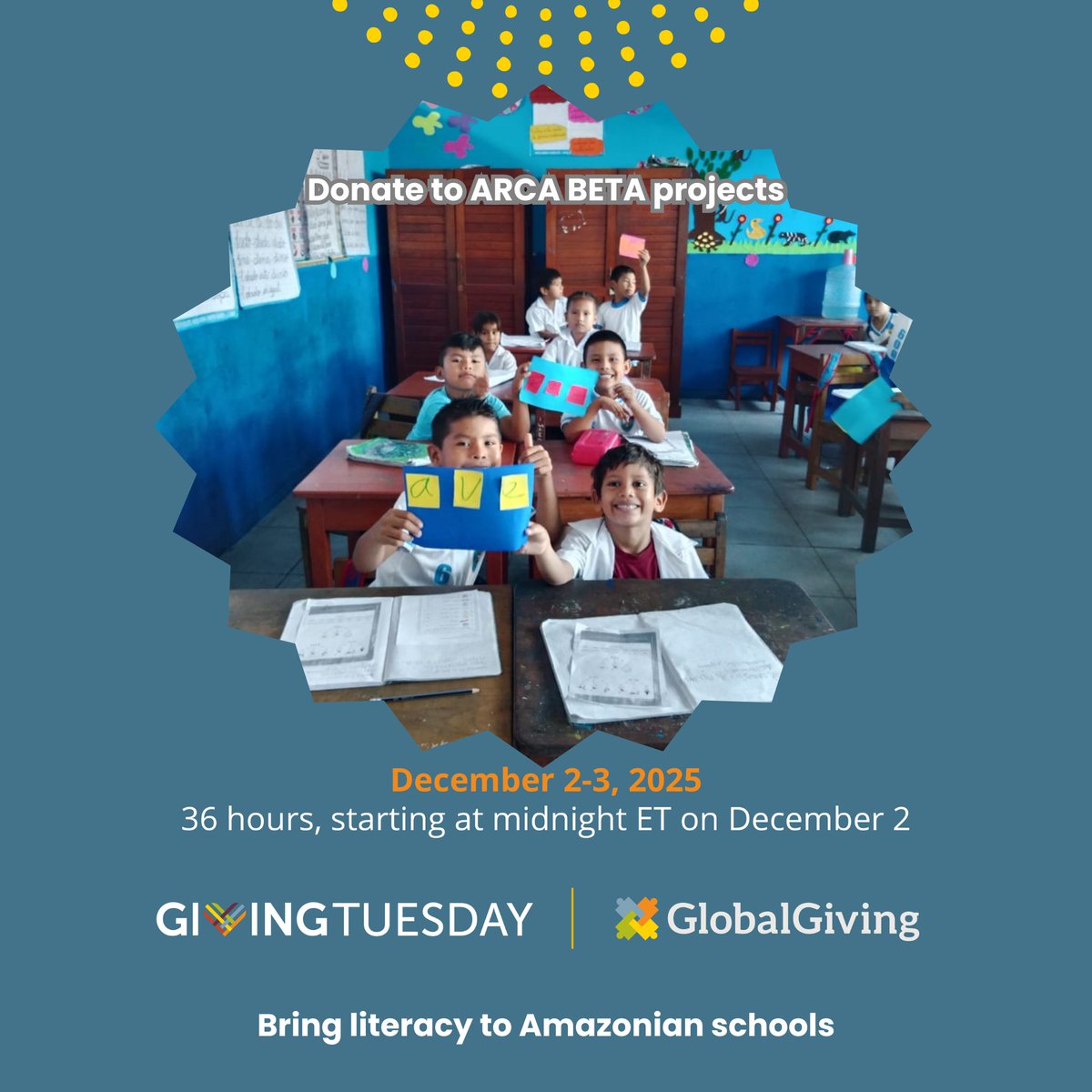 arca_beta's tweet photo. This Thanksgiving, we’re grateful for people like you. 🧡

Amazonian children learn to read and become guardians of their forest.

Support us https://t.co/yzfZ2Y6fRC 

#GivingTuesday2025 #GiveBack #GlobalGiving #DonateOnGlobalGiving #GlobalGivingProject https://t.co/ndrtLgArKf