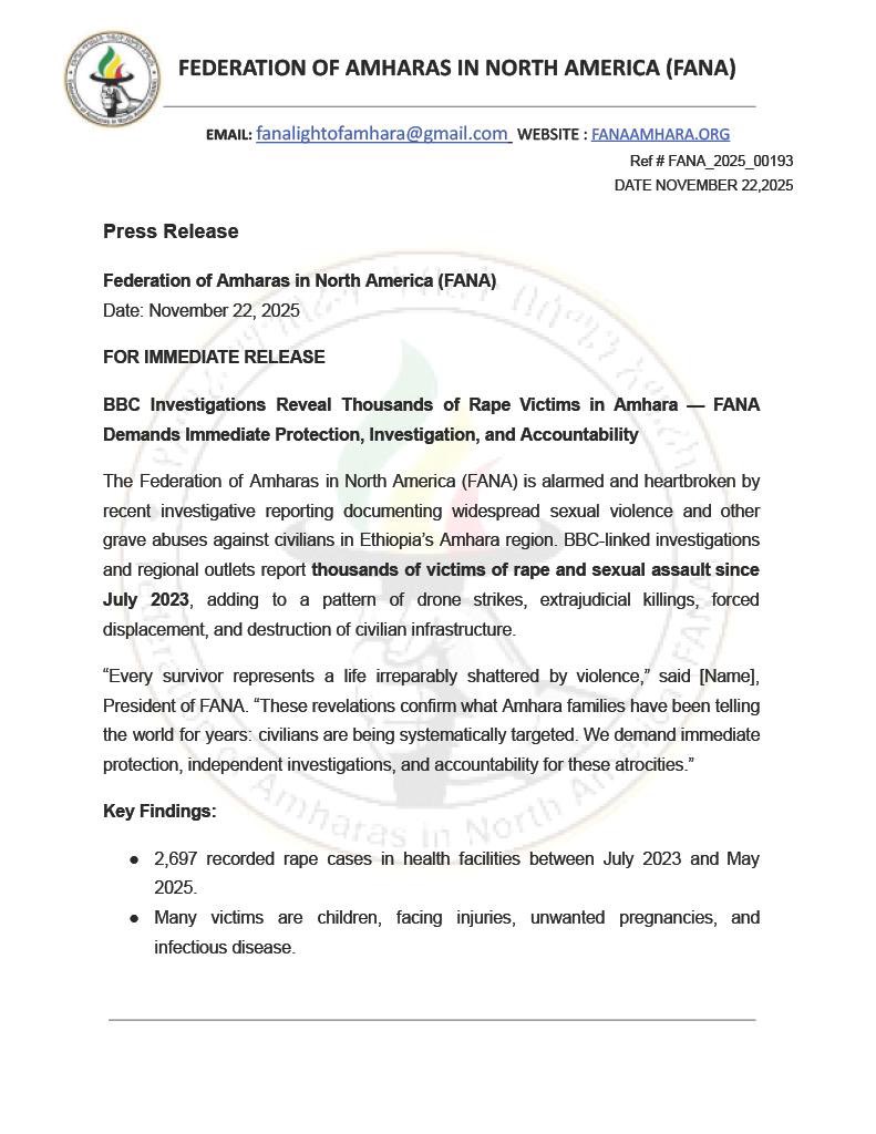 AAA_Amhara's tweet image. ⚡️ℹ️#STATEMENT: Statement from @Fana4Amhara: BBC Investigations Reveal Thousands of Rape Victims in Amhara — FANA Demands Immediate Protection, Investigation, and Accountability

📆 November 22, 2025