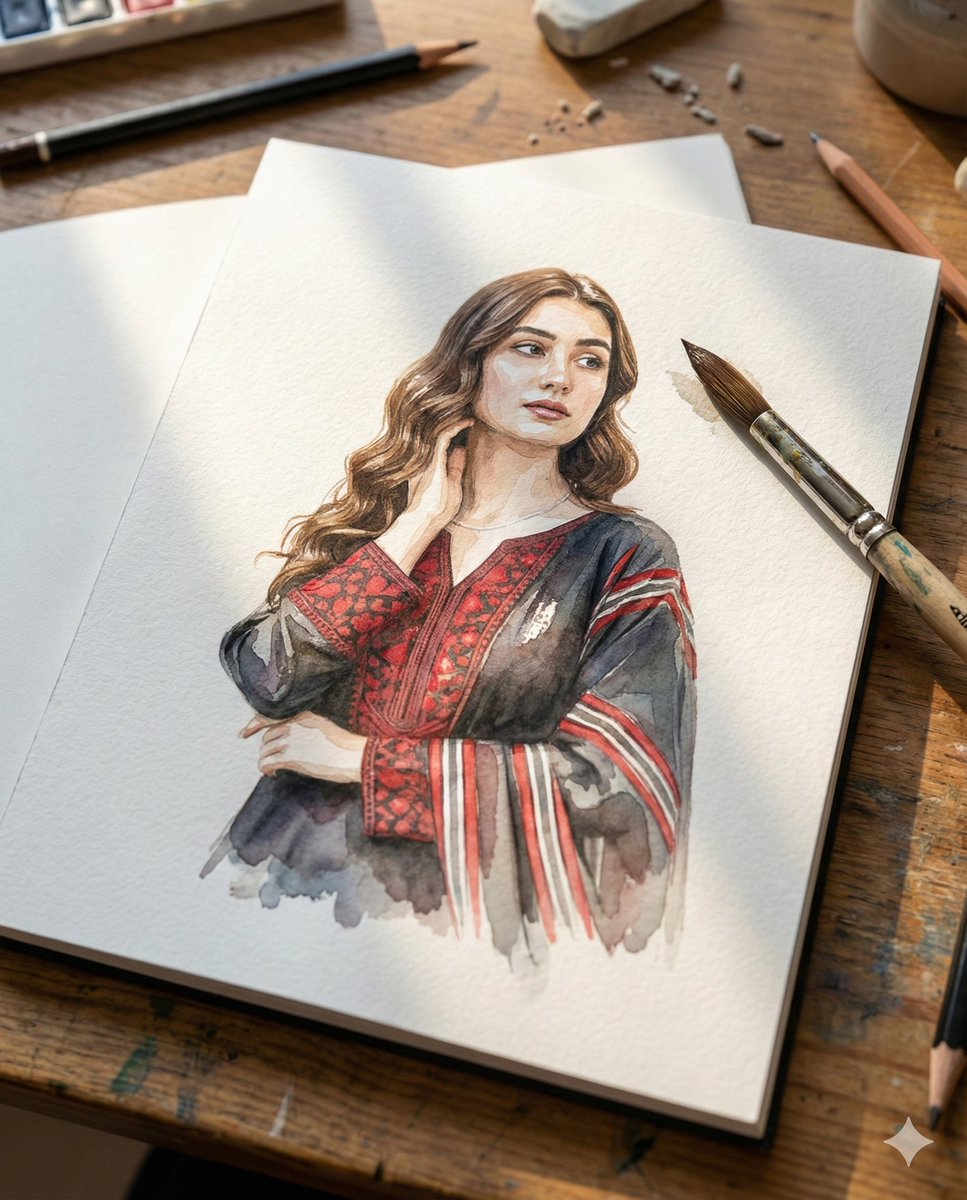 Realistic Watercolor Portrait of Woman in Traditional Dress, image size:967x1200