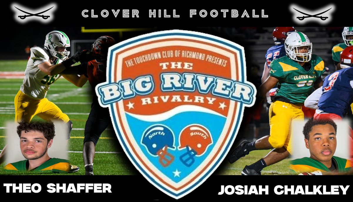CHCavsFB's tweet photo. Congratulations to Theo Shaffer (OL/DL) @Skootch56 and Josiah Chalkley (OL/DL) on being selected for the 804 @BigRiverRivalry! Proud of these two seniors and how they represent Clover Hill. Thank you to the Touchdown Club of Virginia.  Go #South! 
#BRR2025 #CloverHillFootball https://t.co/al6mlpOT10