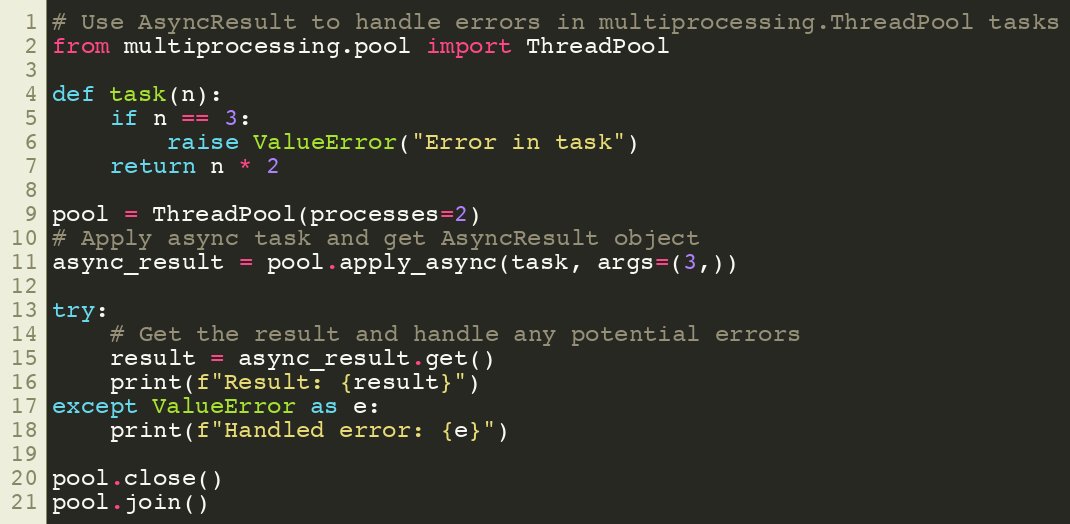 SuperFastPython's tweet image. Use AsyncResult to handle errors in multiprocessing.ThreadPool tasks
#Python #Concurrency