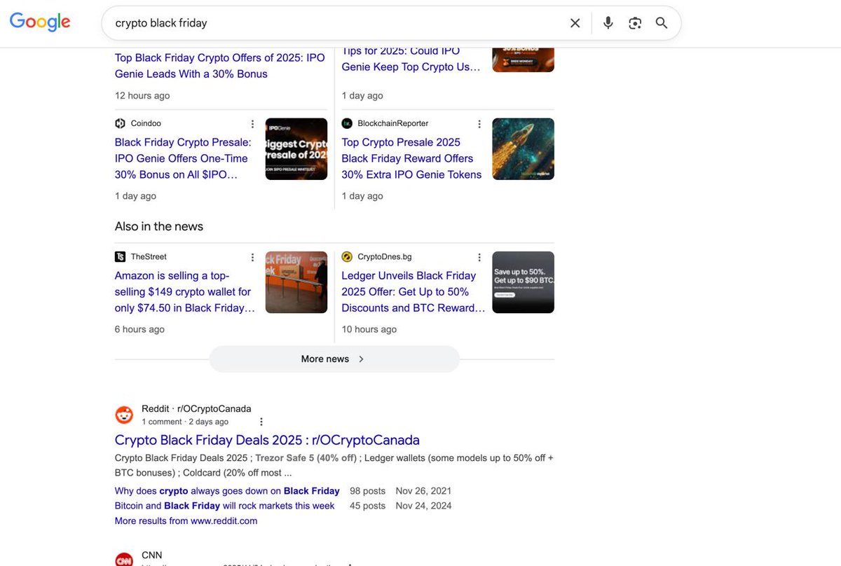 oleggca's tweet photo. Quick Reddit tip before Black Friday: Post a deals roundup thread in your subreddit. These threads rank fast in Google and drive serious traffic.
I did this for crypto and SEO Black Friday deals - both ranking within 24 hours (see screenshots).
You'll thank me on November 28th when the traffic hits.