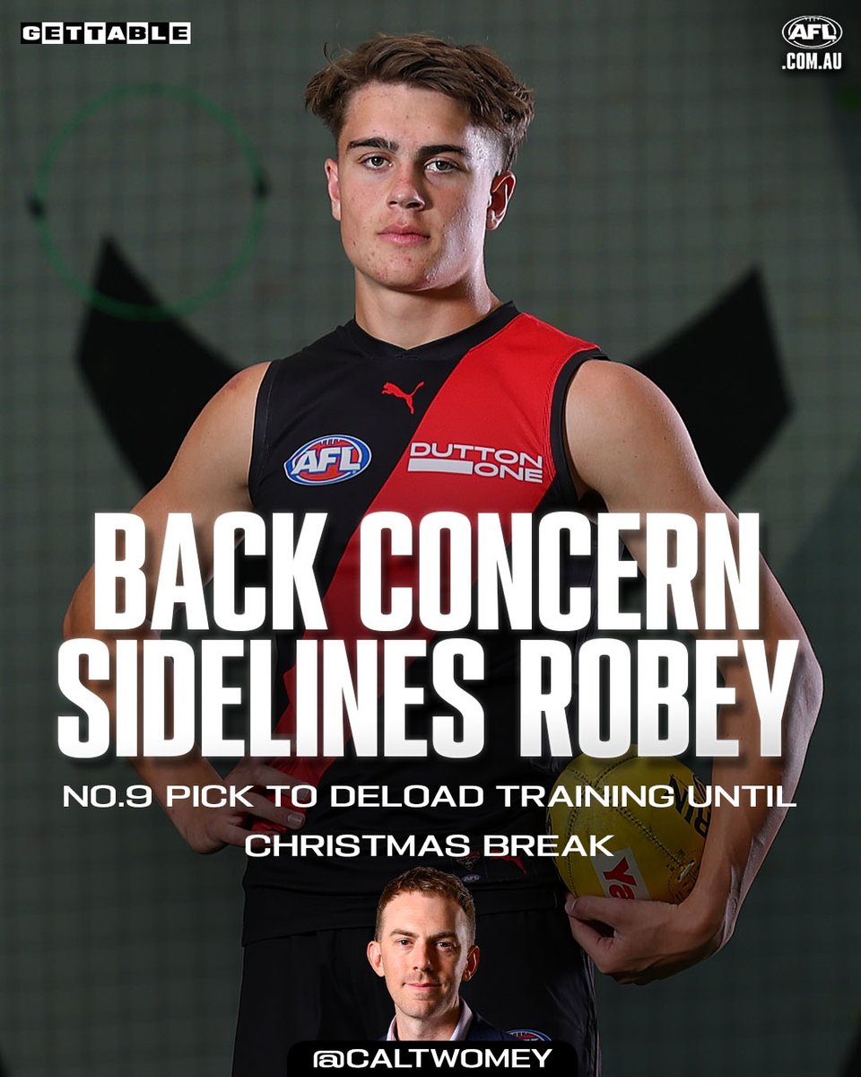 CalTwomey's tweet image. Essendon's No.9 draft pick Sullivan Robey will have his training load scaled down, with the club discovering a back concern for the midfielder.

He will have his program wound back until the Christmas break after the club found signs of back stress 👉 afl.com.au/news/1457359