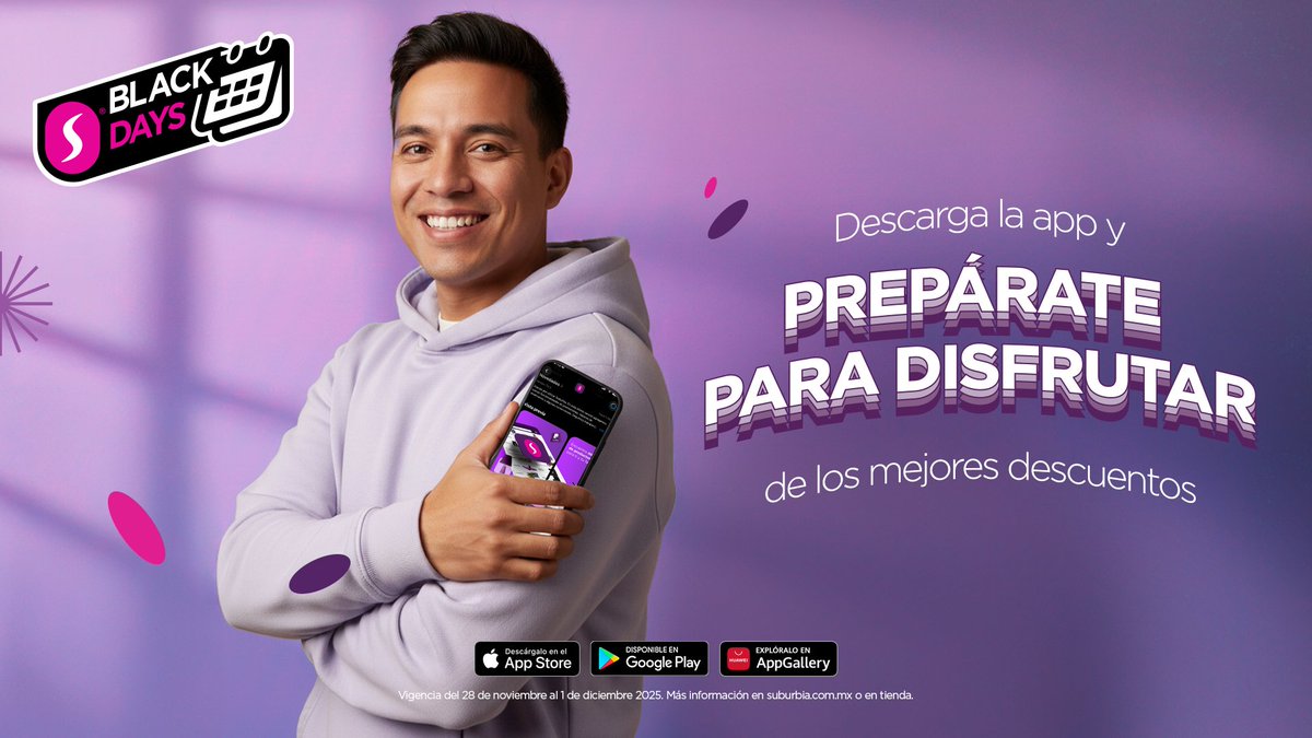 ¡Se acercan los Black Days! 🖤💜 ¿Ya tienes la APP? prepárate para disfrutar de los mejores descuentos, del 28 de nov al 1 de dic. Descárgala aquí: suburbia.onelink.me/uDOC/y2bvccfo
