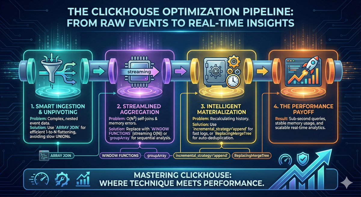 asad_mumtaz007's tweet image. Stop writing conventional #SQL queries in #ClickHouse. Our recipe for sub-second analytics on raw event streams: ARRAY JOIN for fast unpivoting, streaming Window Functions instead of self-joins, ReplacingMergeTree + incremental materialization.

Scan less, stream more.