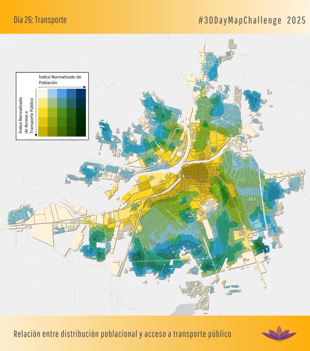 #30DayMapChallenge
Día 26: Transporte | Relación entre distribución poblacional y acceso a transporte público

Un mapa bivariado que compara dónde vive la gente y dónde llega realmente el transporte público.

Cuando ambas capas no coinciden, la movilidad se vuelve desigual.