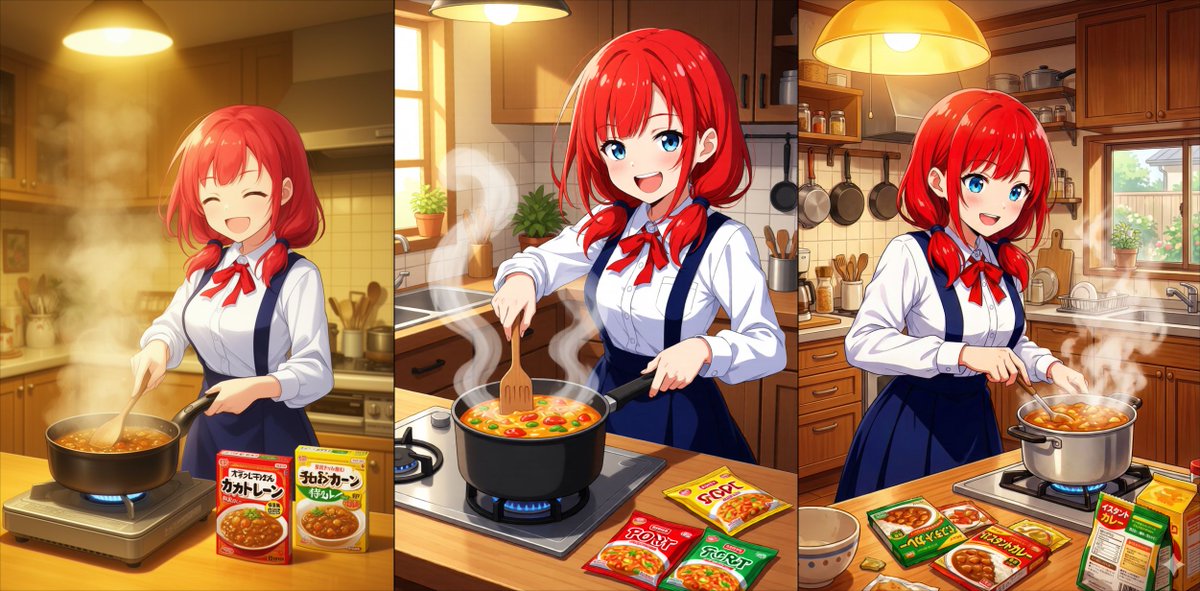 yukyu_haruka's tweet image. 11月27日は「即席カレーの日」🍛

1945年のこの日
株式会社オリエンタルが
「即席カレー」を発売しました💡

昨日「FLUX.2」使ってみたので
同じ呪文で生成結果見てみました✨

左から
「FLUX.2」
「Qwen-Image-Edit-2509」
「NanobananaPro」
どれが好きですか？

#AIart #AIイラスト #今日は何の日