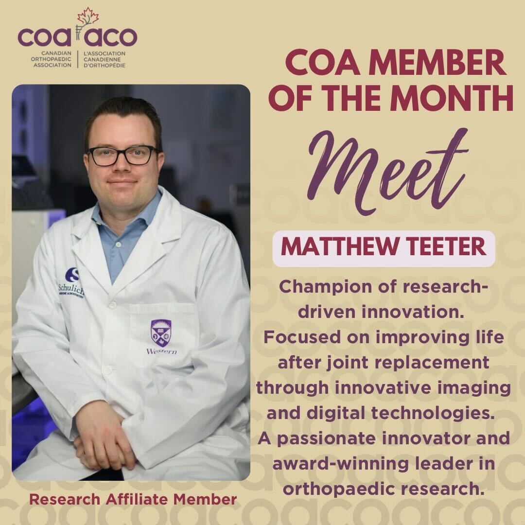 CdnOrthoAssoc's tweet image. Congratulations to our COA Member of the Month!

Director of the Western Bone and Joint Institute and Associate Professor at Western University, Dr. Matthew Teeter advances imaging and digital technologies to improve mobility and quality of life after joint replacement. His…