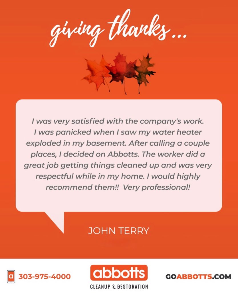 AbbottFireFlood's tweet image. 🍁 Giving Thanks for Amazing Customers! 🍁

📞 303-975-4000
🌐 GoAbbotts.com

#FiveStarService #RestorationExperts #WaterDamageHelp #ColoradoRestoration #CustomerReview #GivingThanks #GoAbbotts