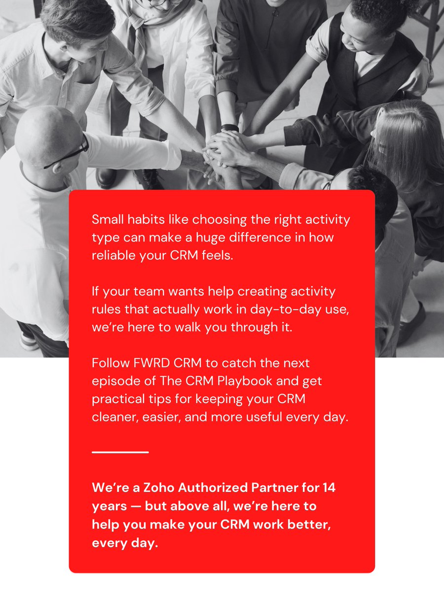 FWRDtweets's tweet image. Small habits like choosing the right activity type can make your CRM far more reliable. If your team needs help creating rules that work in real life, we’re here to guide you. Follow FWRD CRM for the next episode of The CRM Playbook. #FWRDCRM #ZohoPartner