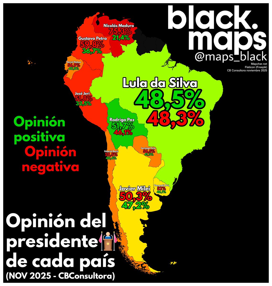 maps_black's tweet image. Opinión del presidente de cada país 👨🏻‍🦱
(CB Consultora)